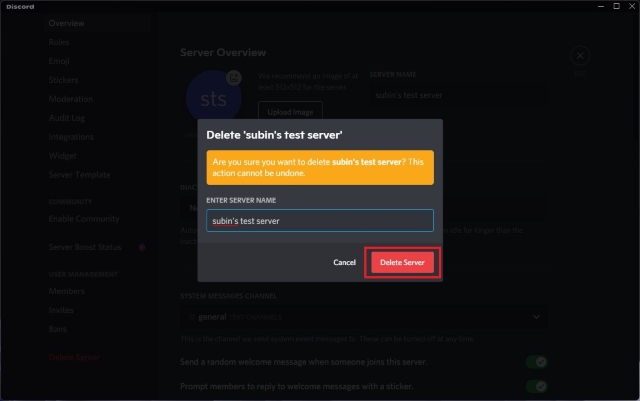 entrez le nom du serveur pour supprimer le serveur discord