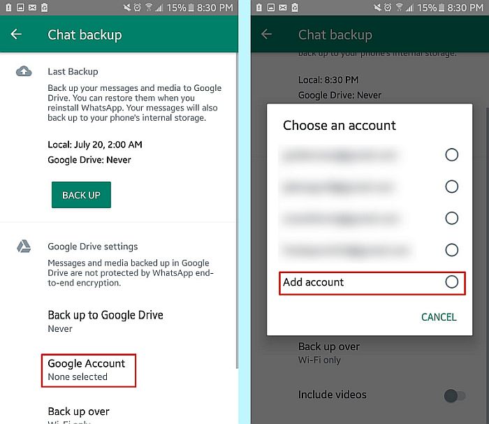 Ajout d'un compte Google pour la sauvegarde des données WhatsApp