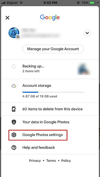 Options de profil Google dans Google Photos avec l'option Paramètres en surbrillance