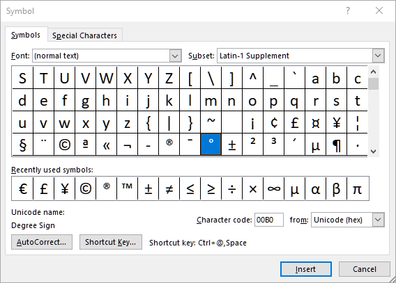 Insérer le symbole du degré Menu des symboles de Microsoft Word