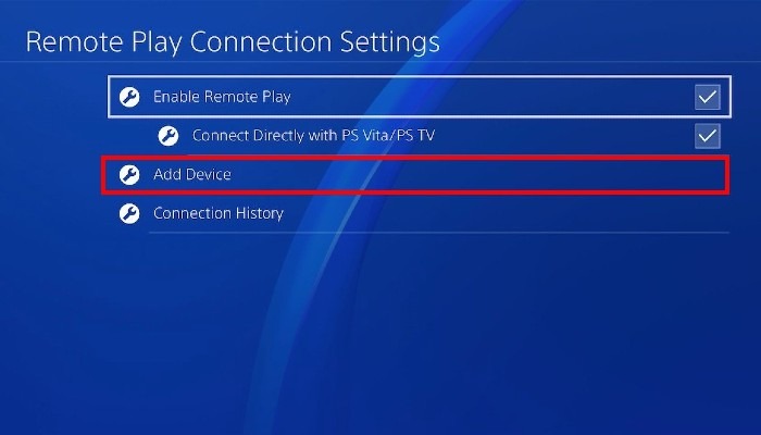 Paramètres de connexion de lecture à distance PS4 Ajouter un appareil