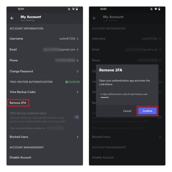 supprimer Discord Two-Factor Authentication mobile