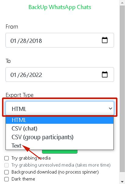 Sélection de l'option de fichier texte pour l'exportation de chat WhatsApp