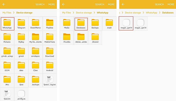 Sélection du fichier de sauvegarde à partir du dossier WhatsApp local