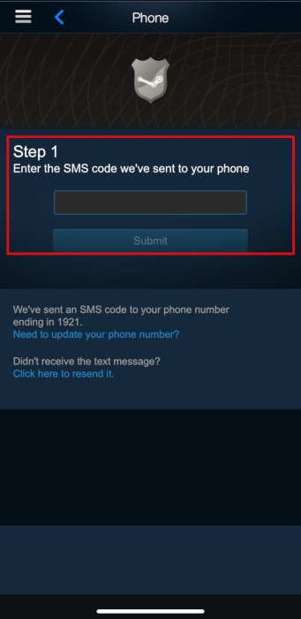 Code SMS de l'application Steam pour le partage familial Steam