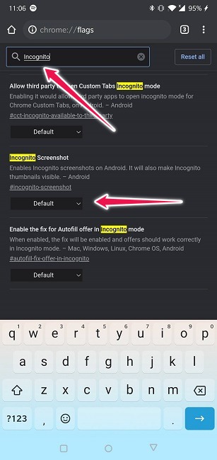 Prendre des captures d'écran Mode Incognito Android Chrome Enable Flag