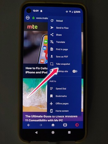 Prendre des captures d'écran Mode Incognito Android Opera Prendre un instantané