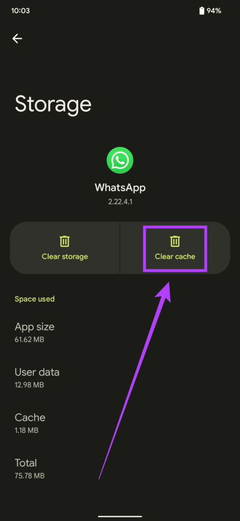 Option Effacer le cache sur WhatsApp