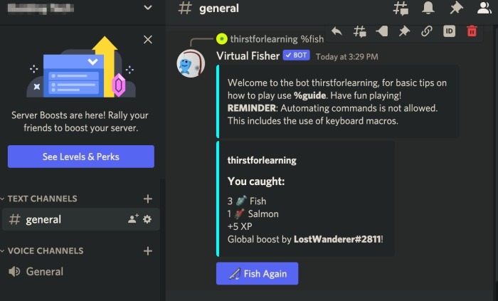 Bot de jeu virtuel Fisher Discord