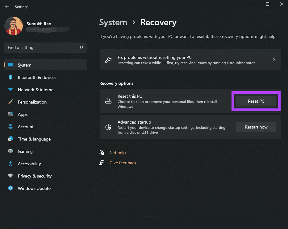 PC de réinitialisation de Windows 11