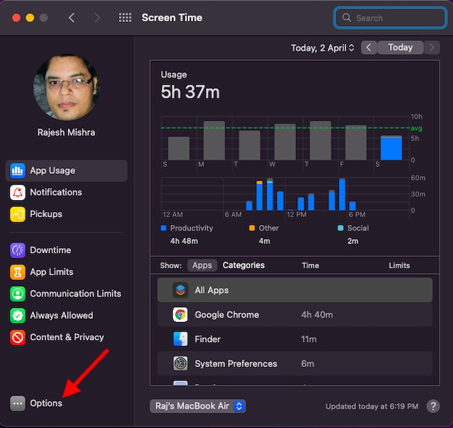 Cliquez sur Options dans Screen Time