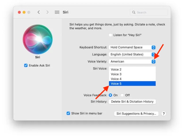 Choisissez la variété de voix et le numéro de voix dans Mac pour la voix non sexiste de Siri