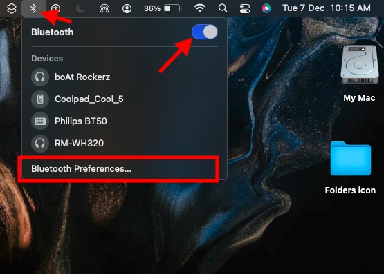 Barre de menu Bluetooth sur Mac 