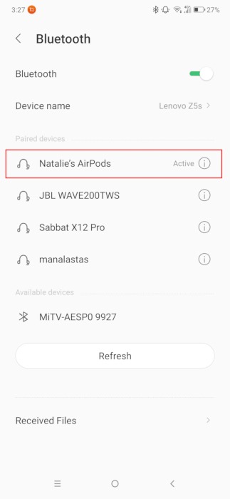 Airpods sur les paramètres Android jumelés