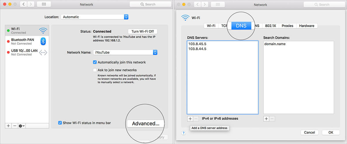 Cliquez sur Avancé et sélectionnez DNS dans les paramètres réseau Mac