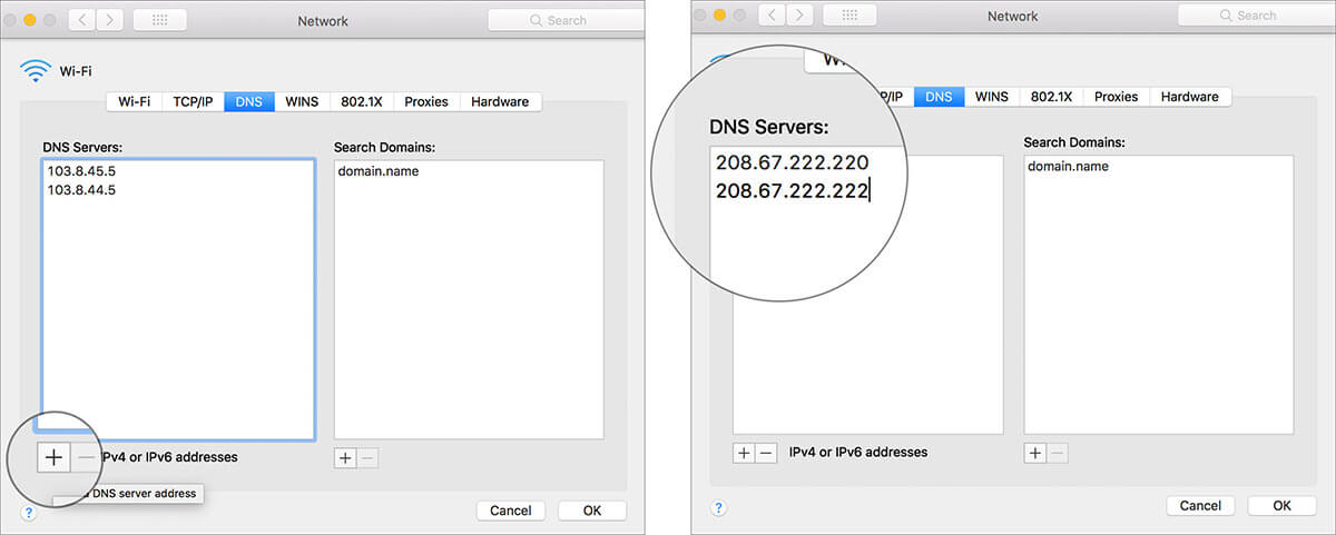 Cliquez sur le signe Plus et modifiez l'adresse IP DNS dans les paramètres réseau Mac