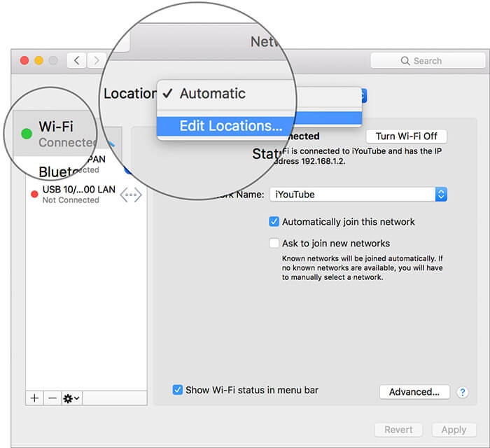 Cliquez sur WiFi et sélectionnez Modifier les emplacements dans les paramètres réseau Mac