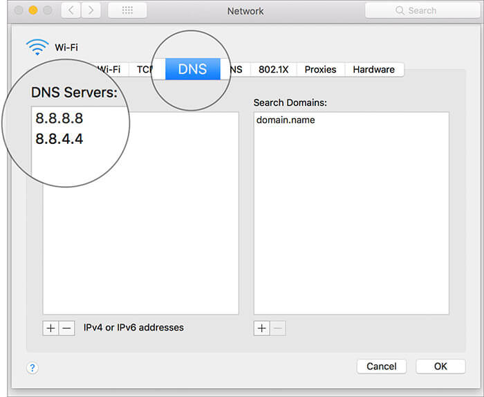 Ajouter un nouveau serveur DNS dans les paramètres réseau Mac