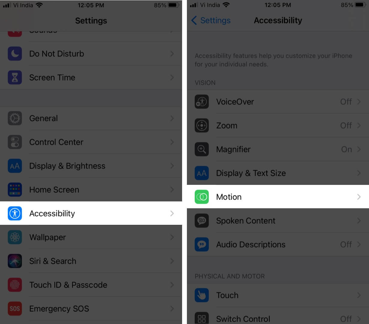 Appuyez sur Accessibilité dans les paramètres, puis appuyez sur Motion sur iPhone