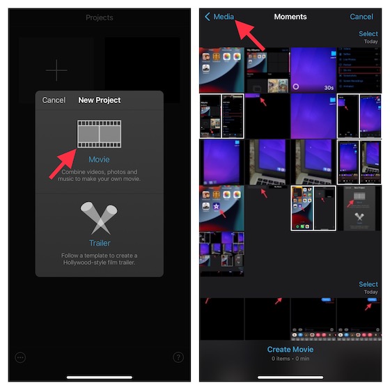 Appuyez sur Média dans iMovie sur iOS et iPadOS 