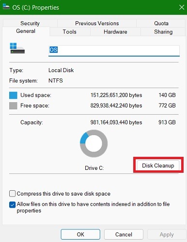 High Memory Fix Windows11 Propriétés du lecteur C