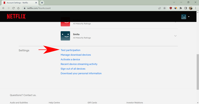 option de participation au test dans les paramètres de Netflix