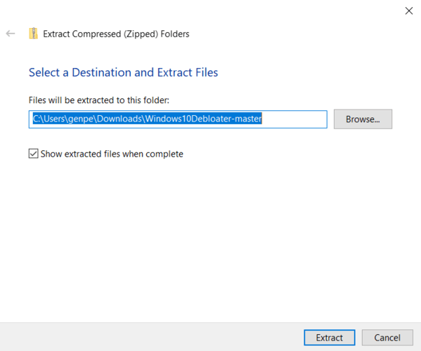 Supprimer la destination d'extraction de Bloatware Windows