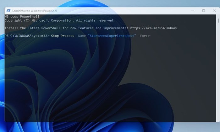 Stop-Process -Name "StartMenuExperienceHost" -Force