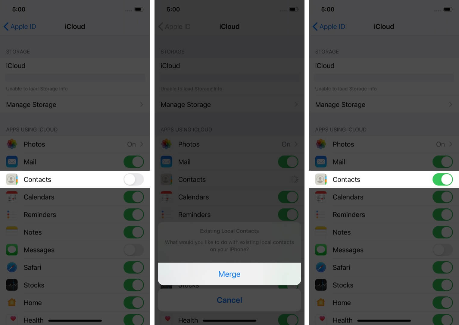 fusionner les contacts pour récupérer les contacts supprimés de l'iphone à partir des paramètres à l'aide d'icloud sur l'iphone