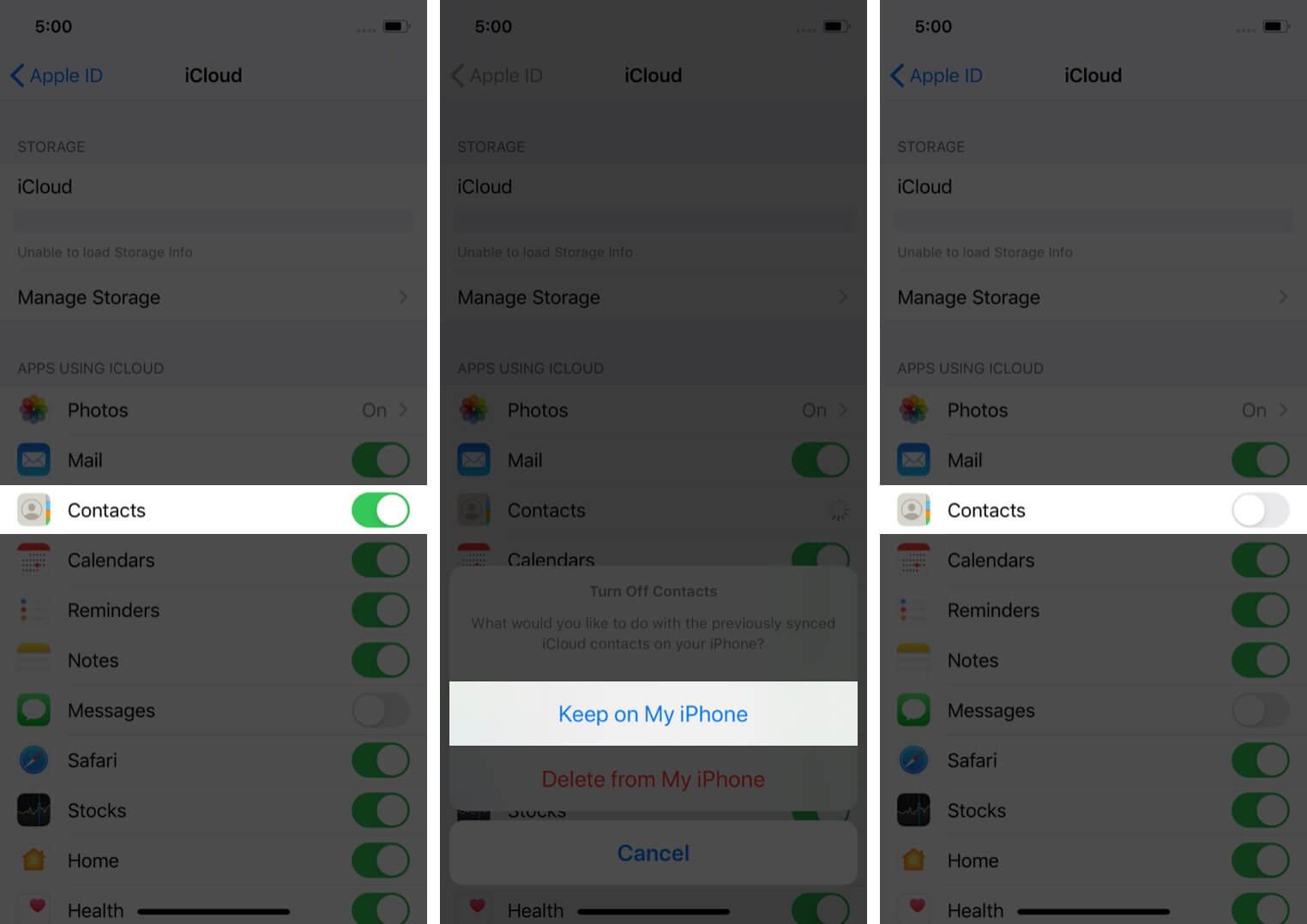 désactiver les contacts dans icloud dans les paramètres de l'iphone