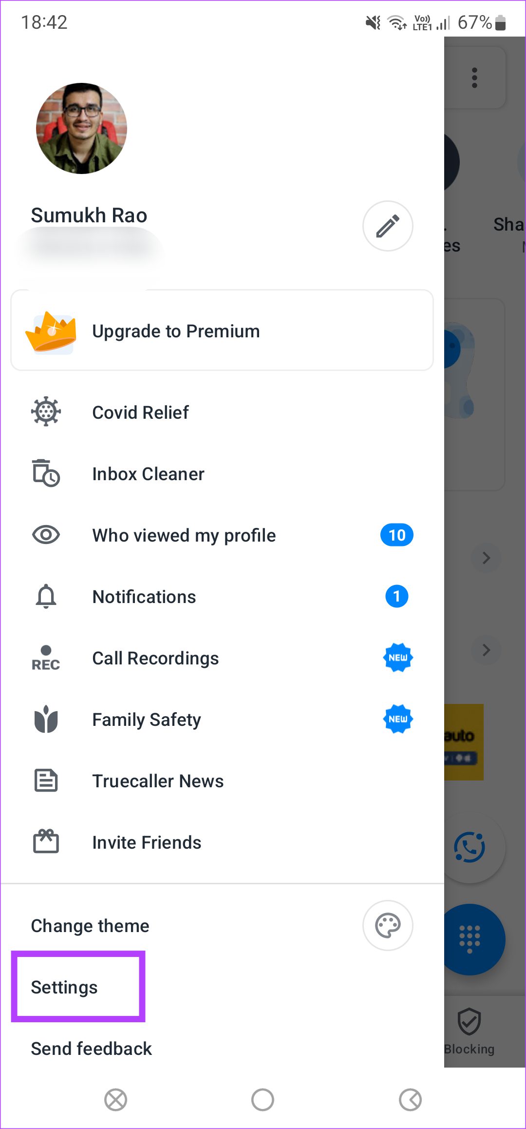 Paramètres sur Truecaller