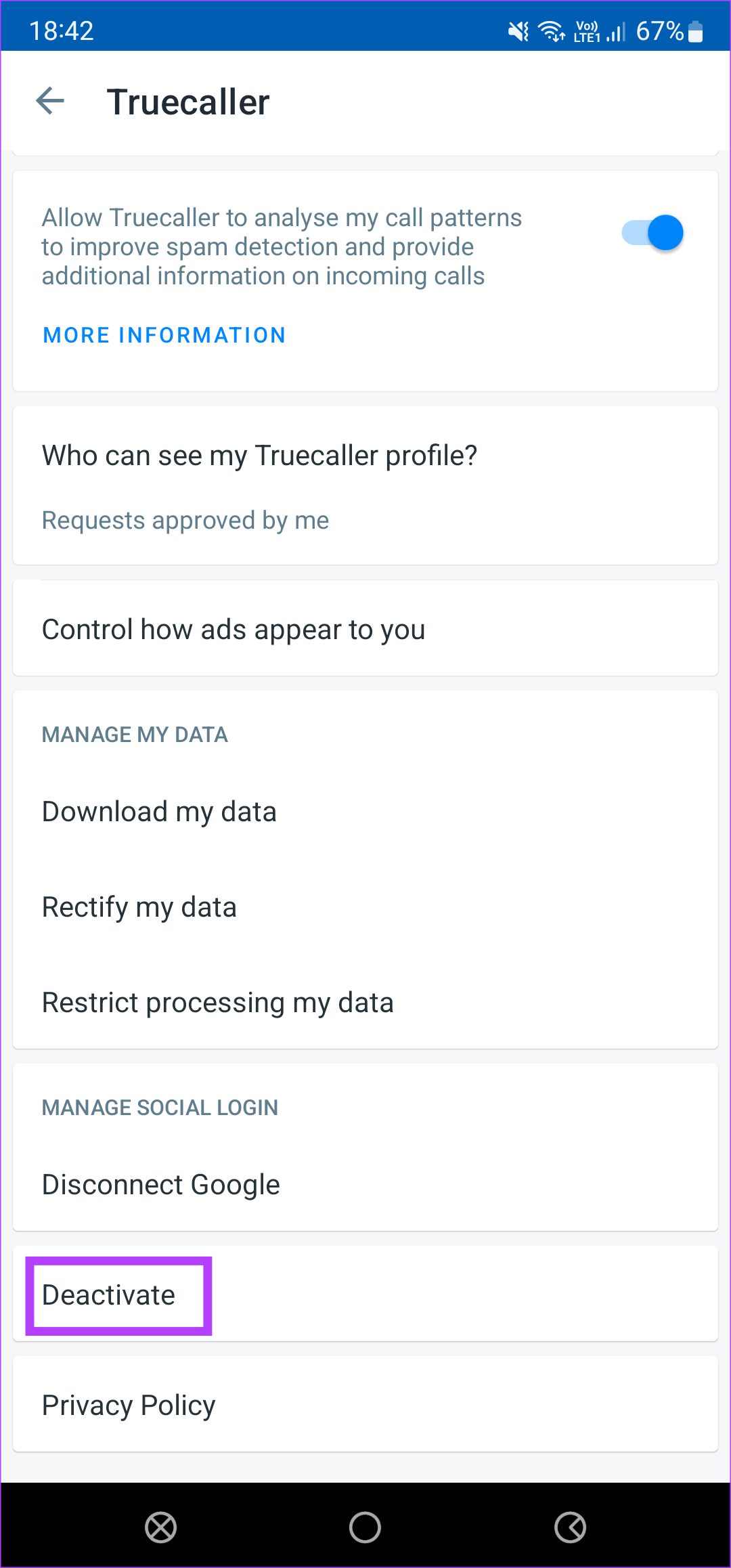 Désactiver le compte truecaller