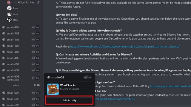 rejoindre le serveur discord de l'activité de jeu