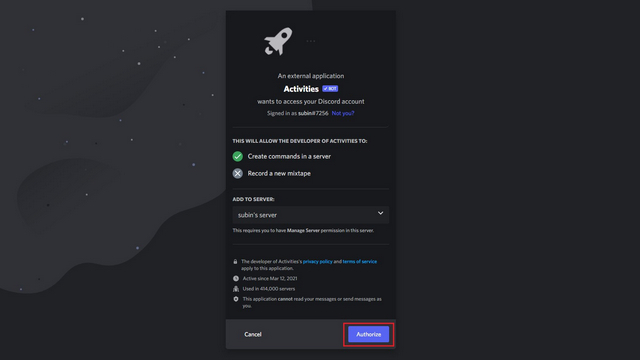 autoriser le bot d'activités à jouer à Discord Channel Games