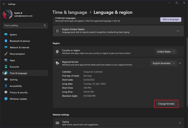 modifier les formats pour changer l'horloge de l'écran de verrouillage dans Windows 11 