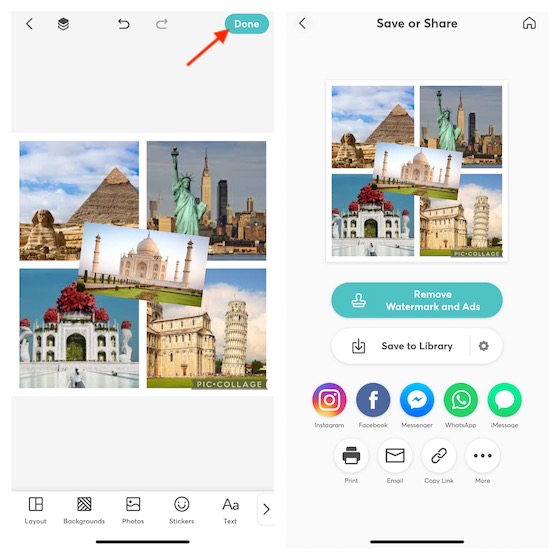 confirmez le collage et enregistrez-le dans la bibliothèque dans l'application de collage de photos pour iphone