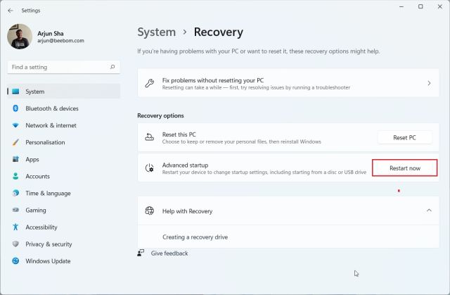 Entrez dans le BIOS dans Windows 11 à partir des paramètres