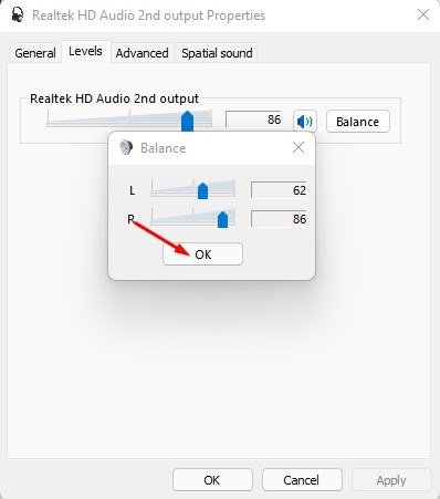 régler les niveaux de balance audio pour les canaux gauche et droit