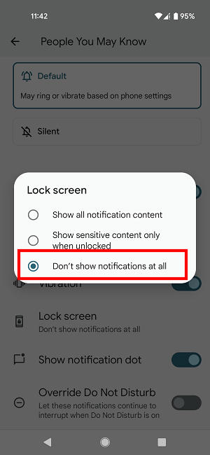 Masquer les notifications Écran de verrouillage Pixel Sélectionner le type