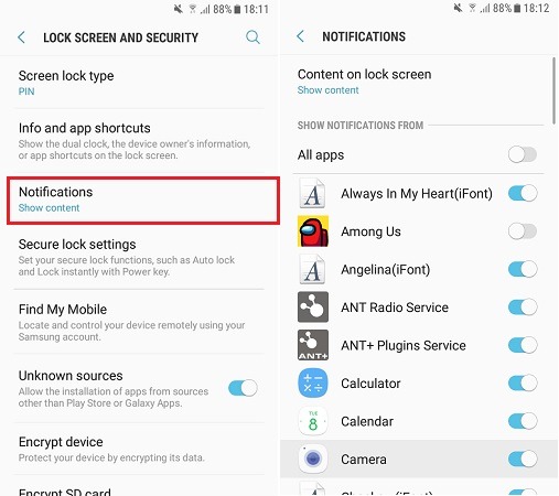 Masquer l'écran de verrouillage des notifications Application spécifique Samsung Désactiver