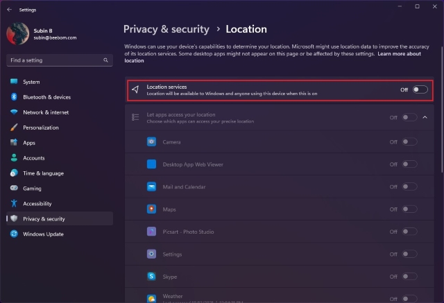 les services de localisation basculent pour désactiver le suivi de localisation dans Windows 11