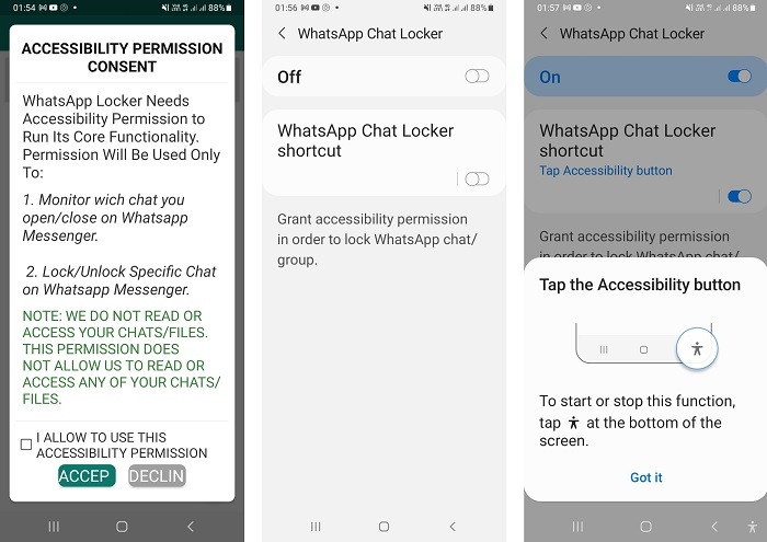 Masquer le casier de chat des appels texte pour les autorisations d'accessibilité Whatsapp