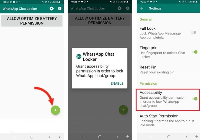 Masquer les appels texte Chat Locker pour Whatsapp Ajouter des autorisations Contacts