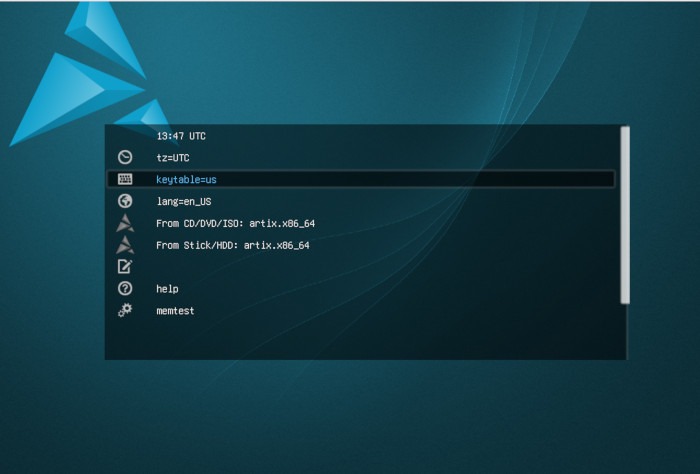 Artix Linux 07 Live Disk Menu