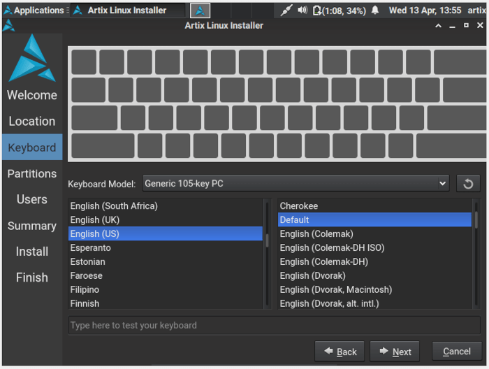Sélection de la carte de touches Artix Linux 11