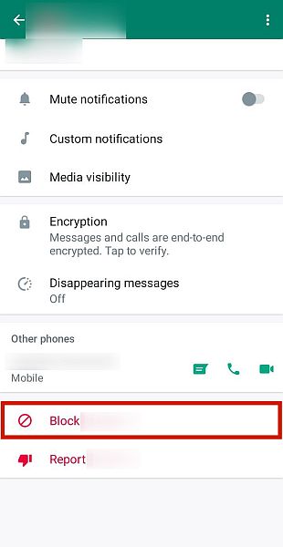 Option de bouton de blocage dans les options de profil WhatsApp