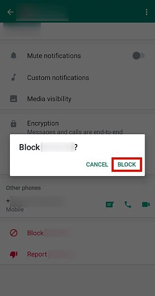 Confirmation du blocage des contacts Whatsapp