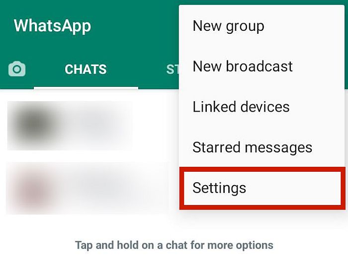 Option Paramètres dans Whatsapp