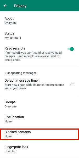 Option de contacts bloqués dans les paramètres de confidentialité WhatsApp