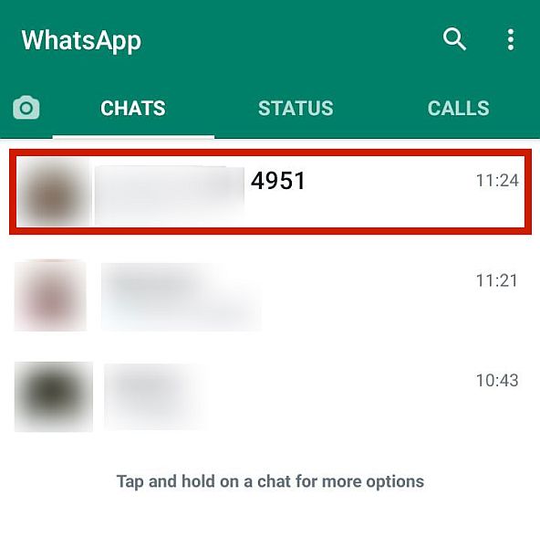 Boîte de réception Whatsapp avec le contact inconnu en surbrillance